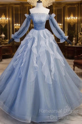 Light Blue Ball Gown Long Sleeves Beaded Party Dress, Light Blue Semi Formal Prom Dress